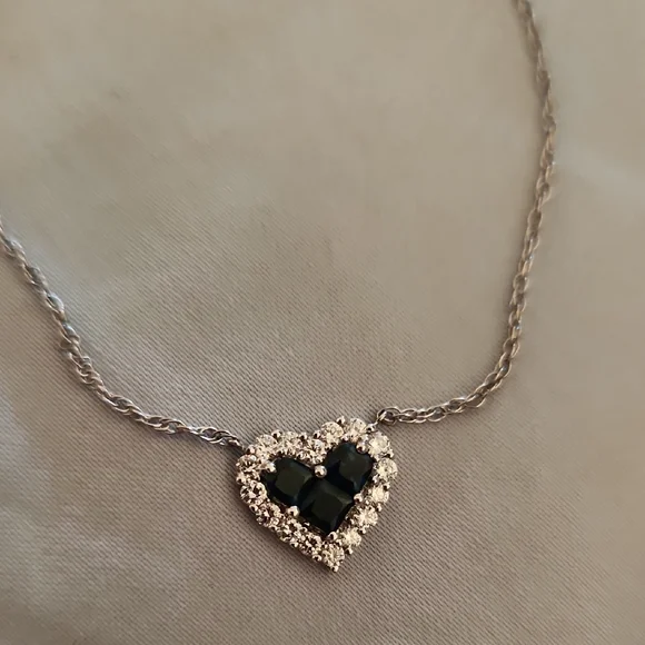 ππ14K Diamond & Sapphire Heart Pendant Necklace White Gold Rhodium Plated - Picture 1 of 4